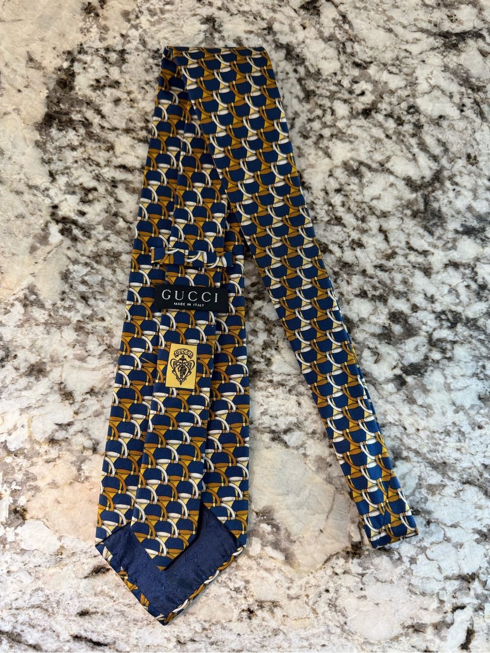 Gucci Navy, Gold & White Geometric Silk Tie - Picture 2 of 5